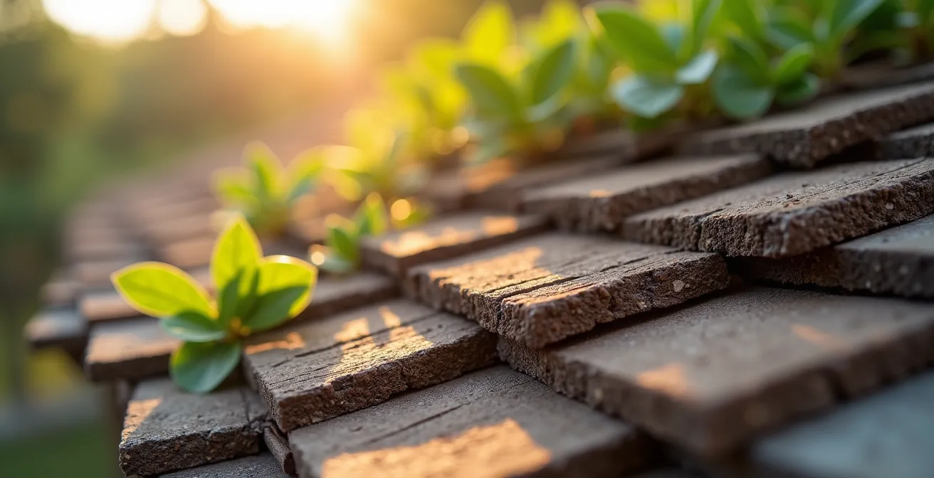 Gros plan macro sur des matériaux de toiture écologiques naturels et durables sous lumière douce