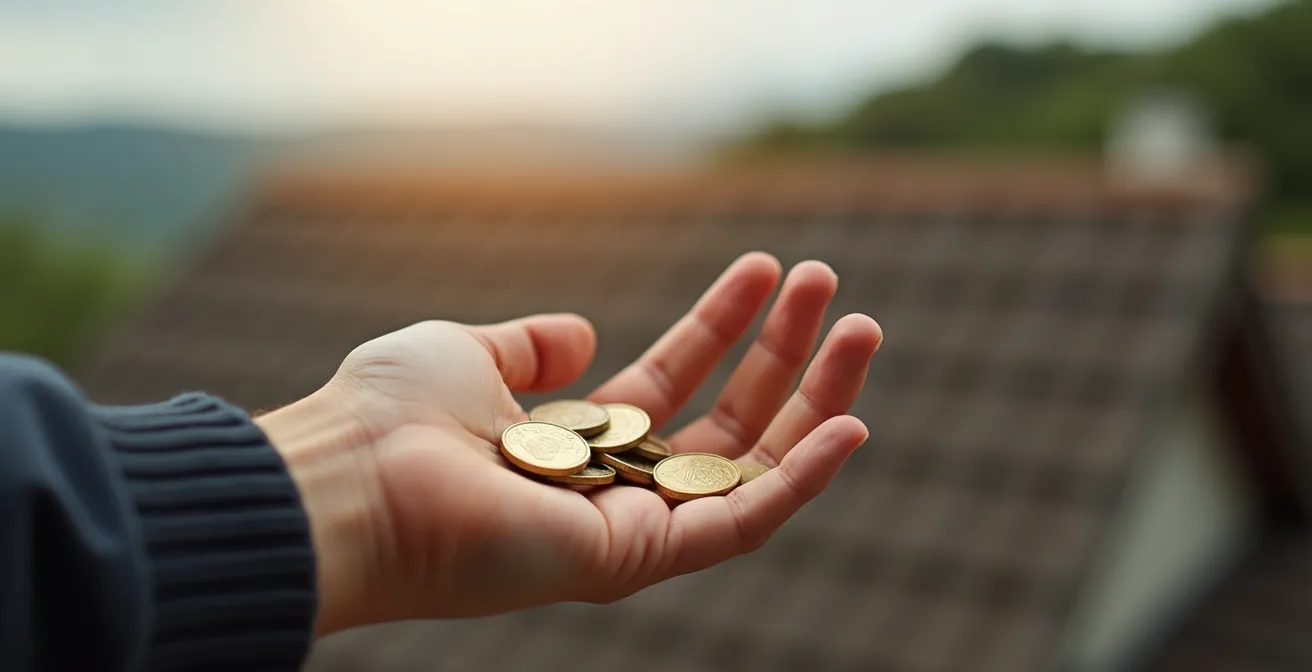 Photographie macro d'une main tenant des pièces de monnaie avec une toiture floue en arrière-plan, lumière naturelle douce