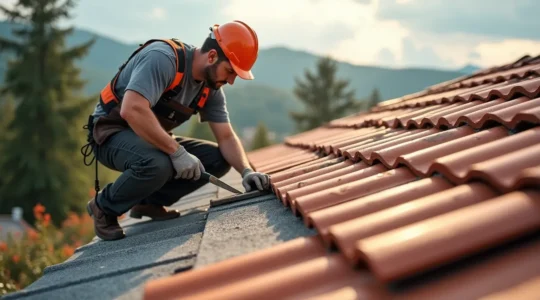 Photo réaliste d'un expert couvreur en plein travail sur une toiture, avec un éclairage cinématographique naturel et un arrière-plan flou propre