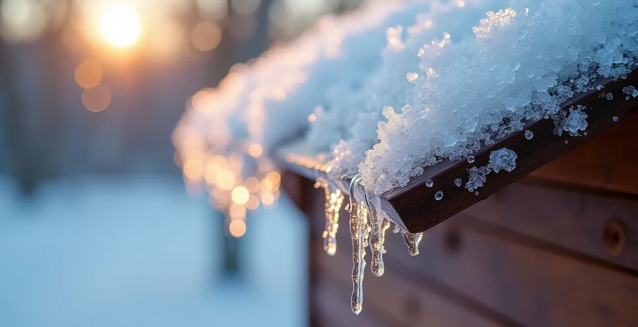 Détail macro d'un barrage de glace se formant sur le rebord d'une toiture