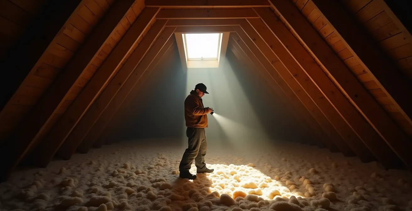 Couvreur inspectant la ventilation et l'isolation dans un grenier