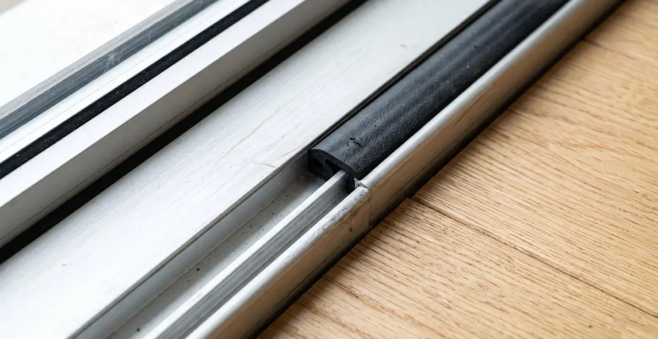 Gros plan détaillé sur un seuil de porte en aluminium montrant la jonction avec le plancher intérieur et le coupe-froid en caoutchouc noir