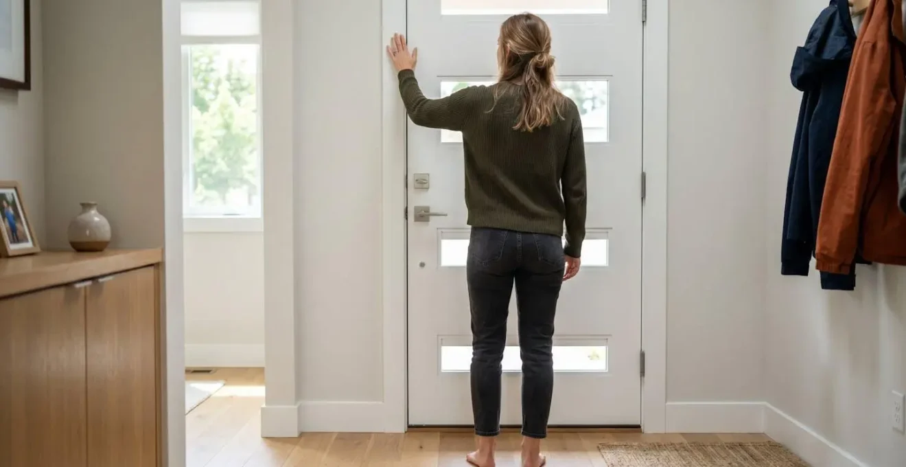Personne vue de dos à l'intérieur d'une maison moderne, main posée sur le cadre d'une porte d'entrée blanche pour vérifier l'étanchéité