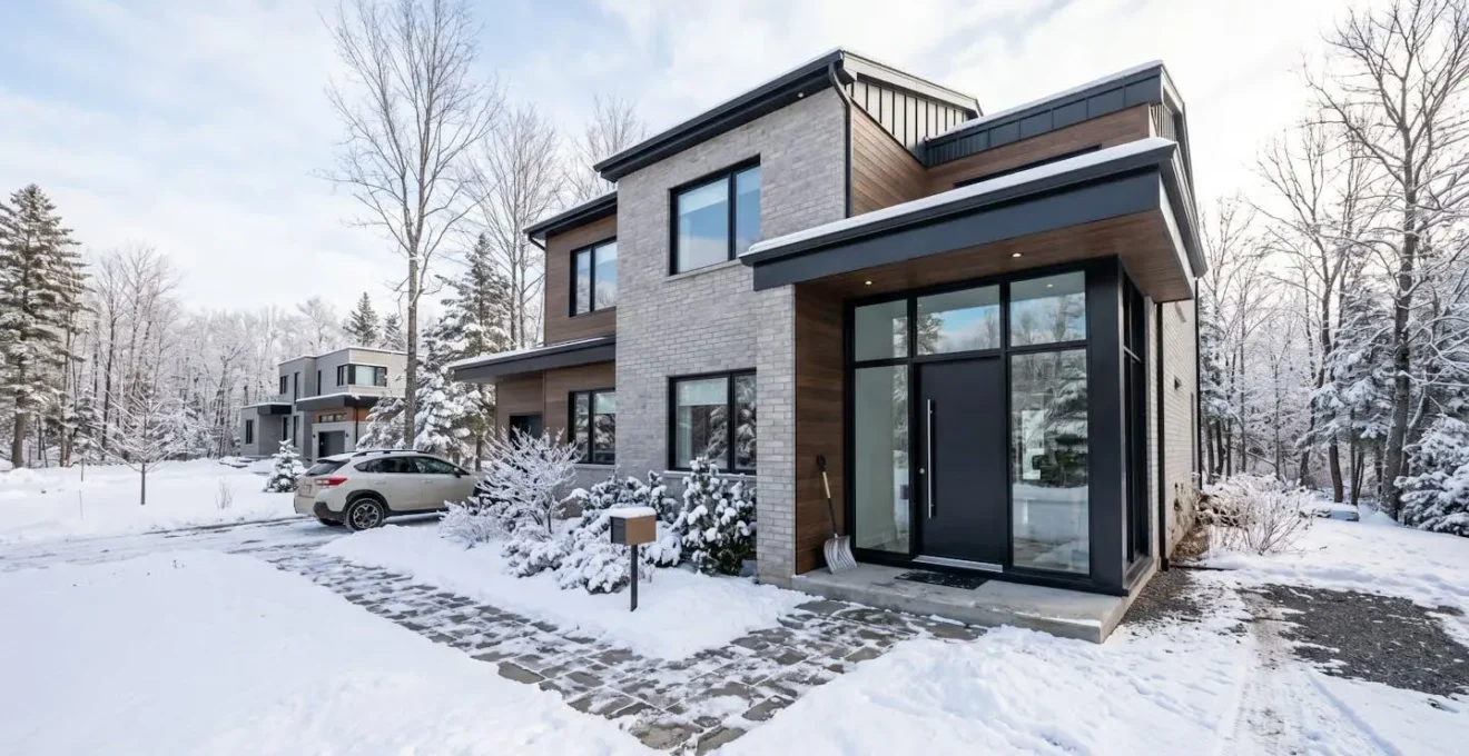 Porte d'entrée contemporaine en acier gris foncé sur une maison résidentielle québécoise typique, vue extérieure avec neige au sol et ciel d'hiver lumineux