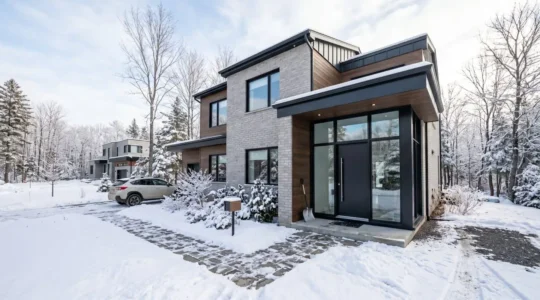 Porte d'entrée contemporaine en acier gris foncé sur une maison résidentielle québécoise typique, vue extérieure avec neige au sol et ciel d'hiver lumineux