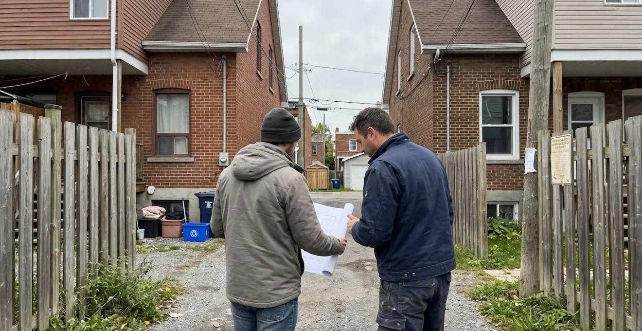 Deux personnes de dos discutant entre deux maisons jumelées dans une ruelle résidentielle montréalaise typique