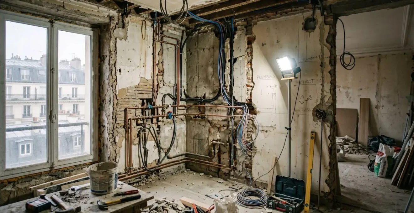 Vue intérieure d'un appartement parisien en cours de rénovation avec des gaines électriques et des tuyaux de plomberie apparents dans des cloisons ouvertes