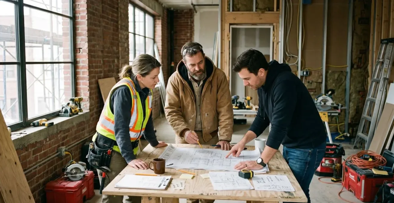 Deux artisans et un propriétaire réunis autour d'un plan étalé sur une table de travail dans un appartement en rénovation, échangeant sur le planning d'intervention