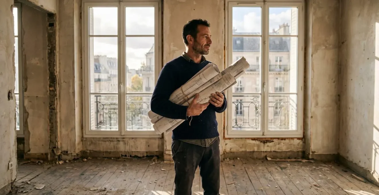 Propriétaire debout dans un appartement vide examinant des plans de rénovation étalés sur le sol, lumière naturelle traversant de grandes fenêtres parisiennes