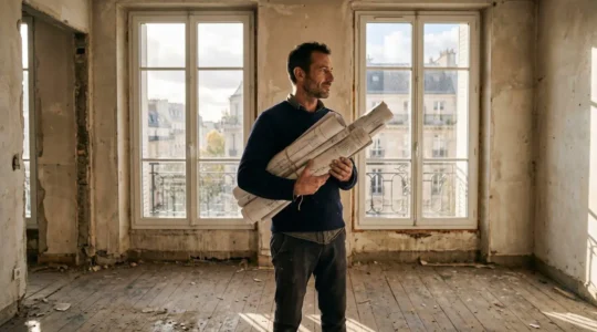 Propriétaire debout dans un appartement vide examinant des plans de rénovation étalés sur le sol, lumière naturelle traversant de grandes fenêtres parisiennes