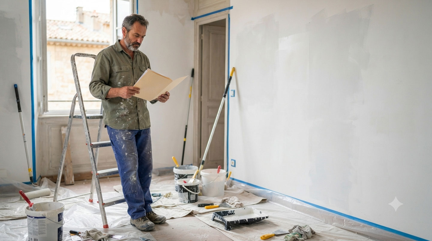Responsable d'entreprise de peinture présentant un certificat Qualibat sur un bureau avec échantillons de peinture et nuancier professionnels