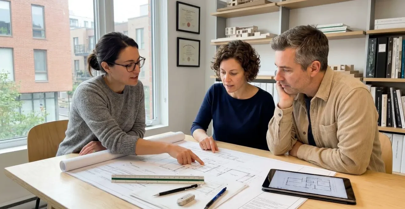 Architecte et couple de propriétaires examinant ensemble des plans d'agrandissement résidentiel sur une table de travail dans un bureau contemporain à Montréal