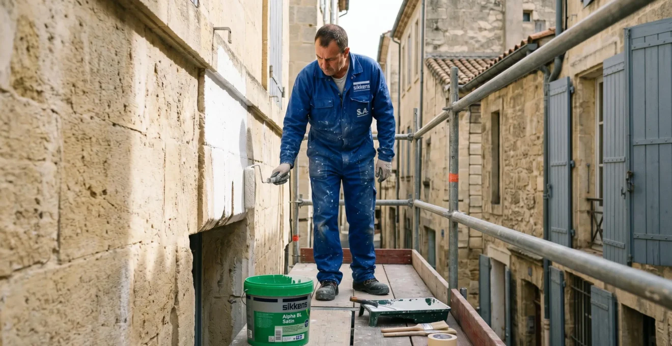 Artisan peintre professionnel appliquant de la peinture blanche sur une façade en pierre de taille du centre historique d'Avignon, avec échafaudage et matériel professionnel visible