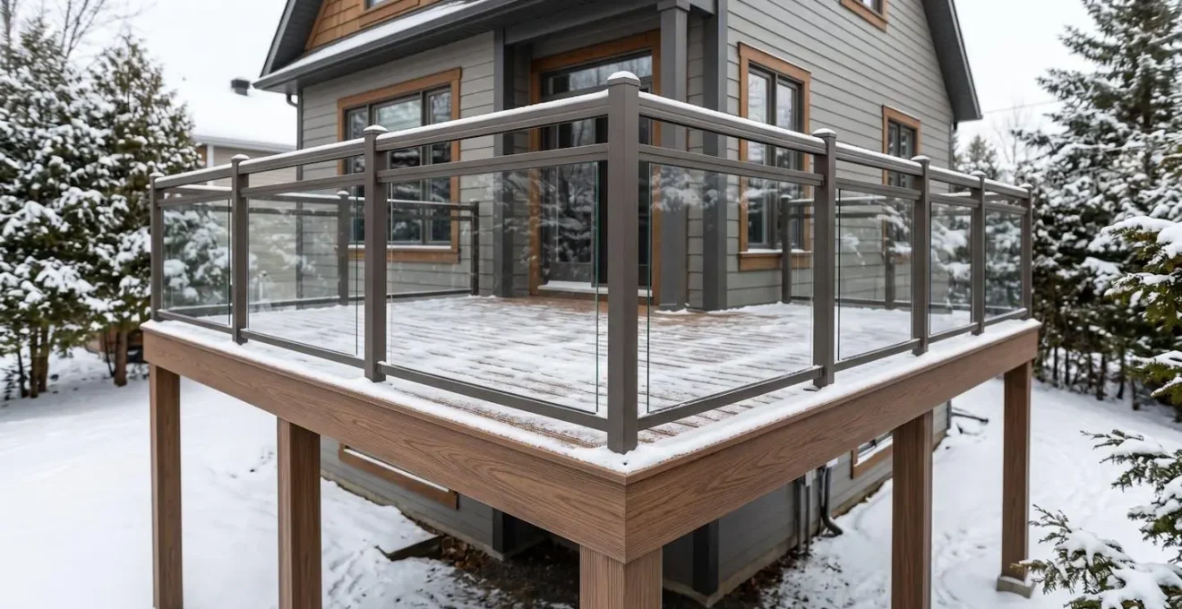 Balcon résidentiel en fibre de verre avec finition imitation bois, garde-corps gris, légère neige accumulée sur la surface, maison québécoise typique en arrière-plan