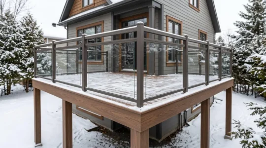 Balcon résidentiel en fibre de verre avec finition imitation bois, garde-corps gris, légère neige accumulée sur la surface, maison québécoise typique en arrière-plan