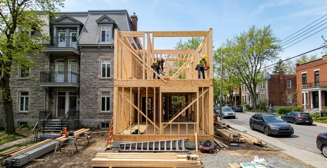 Chantier d'agrandissement résidentiel en cours à Outremont avec charpente bois visible, deux ouvriers équipés travaillant sur la structure, maison principale en pierre grise et quartier résidentiel arboré en arrière-plan