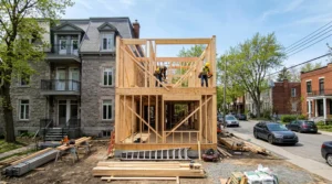 Chantier d'agrandissement résidentiel en cours à Outremont avec charpente bois visible, deux ouvriers équipés travaillant sur la structure, maison principale en pierre grise et quartier résidentiel arboré en arrière-plan
