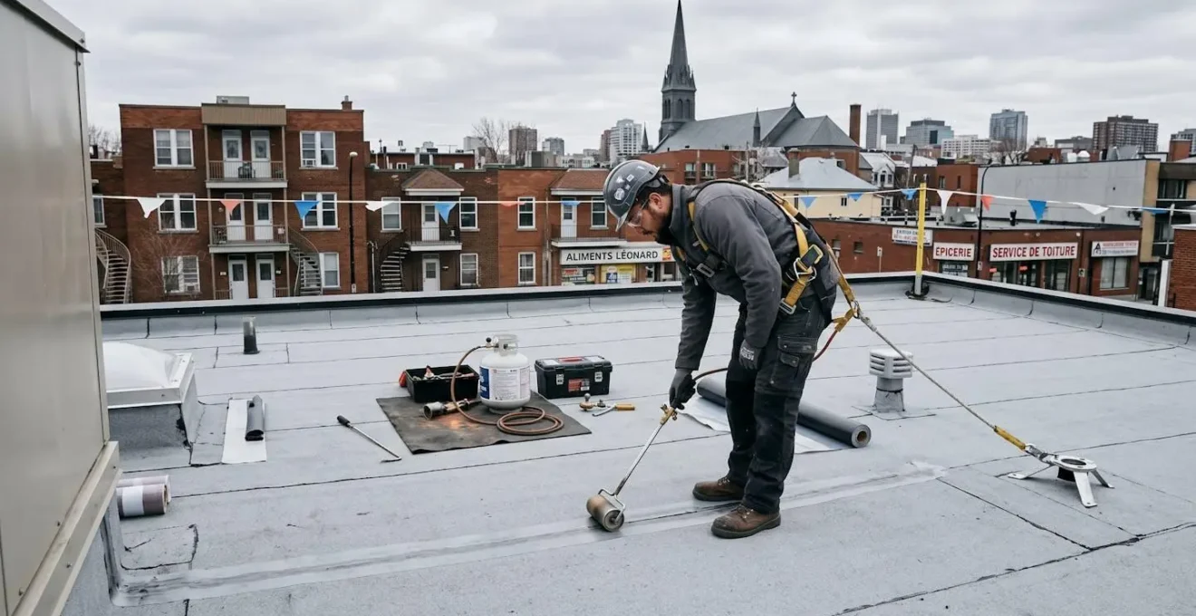 Couvreur professionnel portant harnais de sécurité travaillant sur toiture plate avec membrane élastomère, paysage urbain québécois en arrière-plan