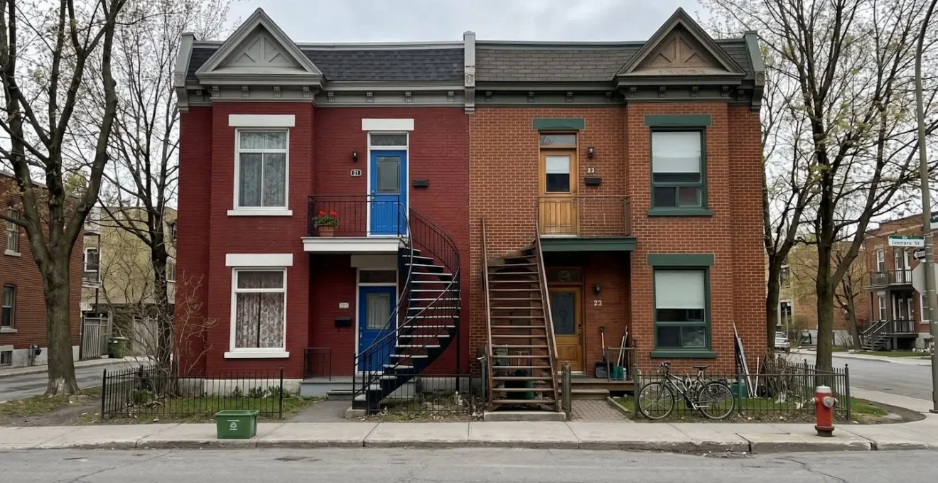 Deux maisons résidentielles mitoyennes typiques d'Outremont partageant un mur mitoyen central, architecture traditionnelle montréalaise en brique avec escaliers extérieurs caractéristiques