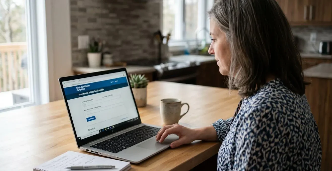 Écran d'ordinateur affichant page de recherche de licence sur site officiel RBQ pour vérifier certification entrepreneur