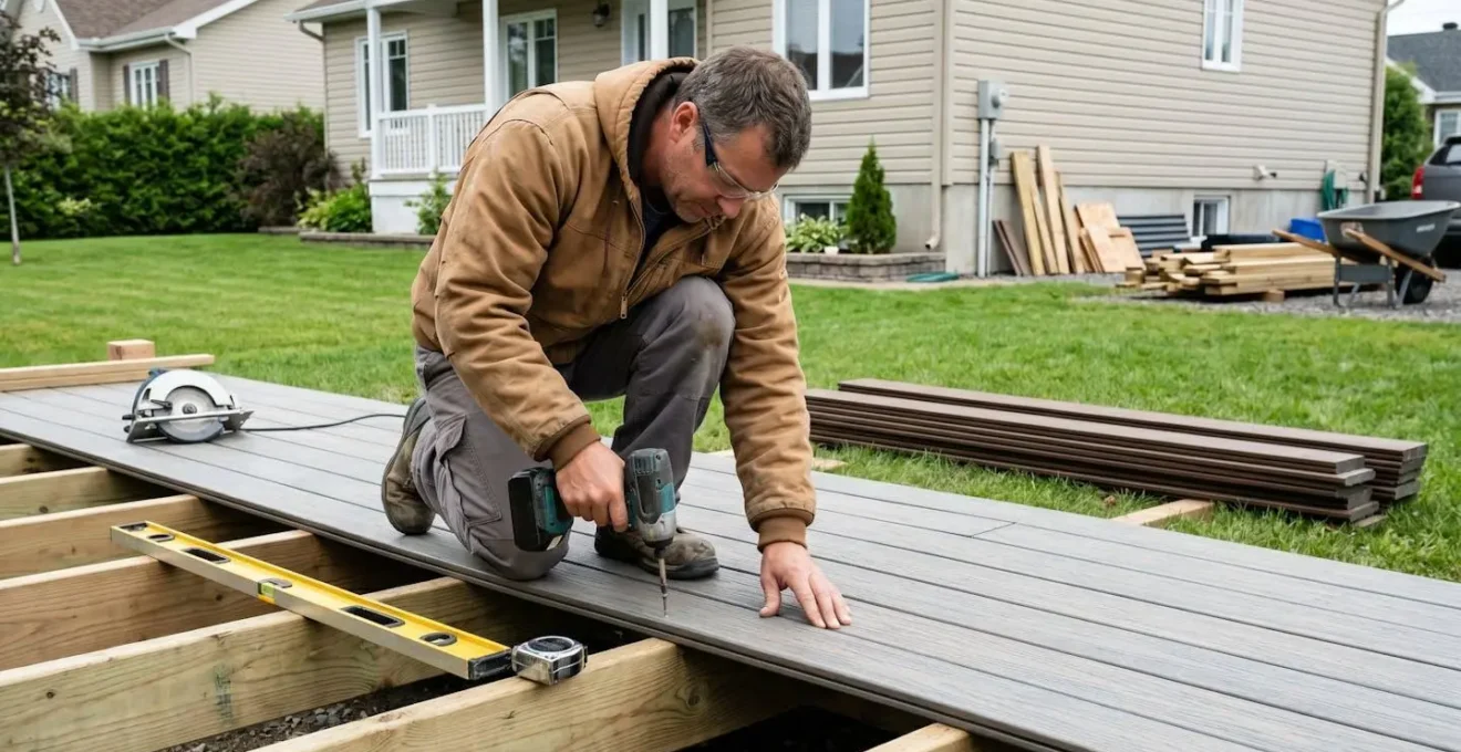 Entrepreneur d'âge moyen installant une planche de composite gris sur la structure d'un patio résidentiel, avec outils de chantier visibles et matériaux empilés à proximité