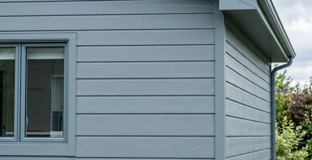 Façade de maison résidentielle québécoise recouverte de panneaux de fibrociment horizontaux gris clair avec portion de fenêtre à battant, installation soignée et texture matériau nettement visible
