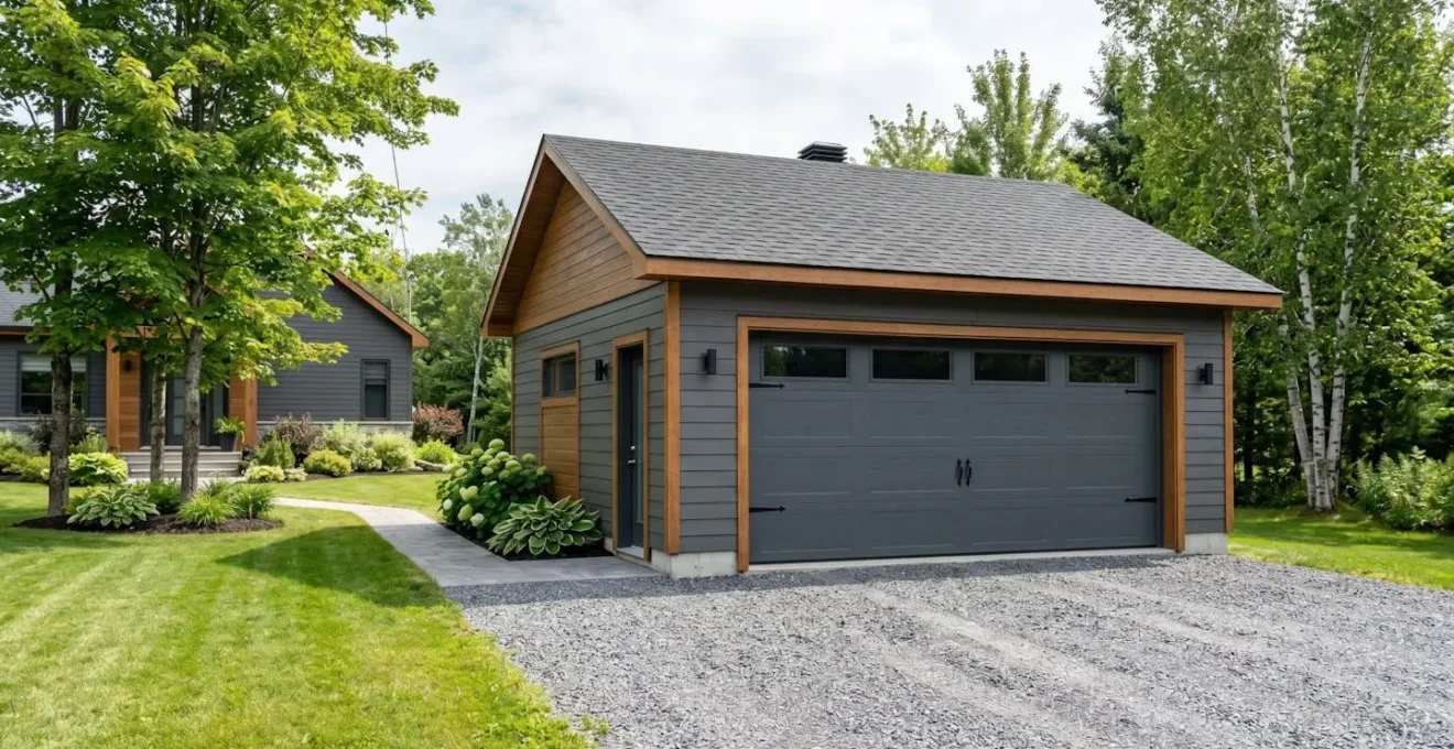 Garage détaché double porte récemment construit avec revêtement contemporain et toiture en bardeaux neufs, maison résidentielle québécoise visible en arrière-plan, pelouse entretenue et allée pavée menant à l'entrée