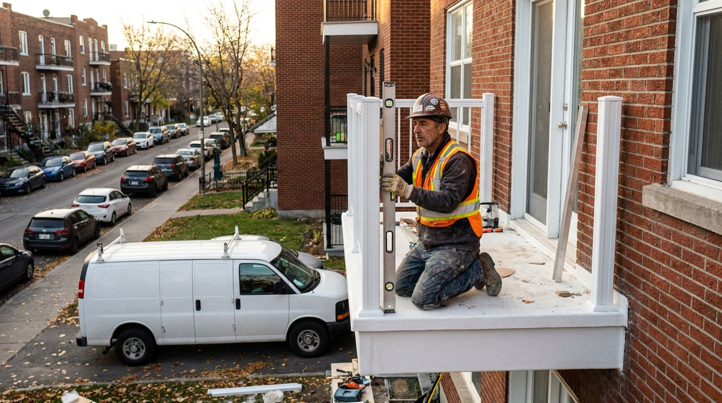 Entrepreneur en vêtements de travail vérifiant les ancrages d'un balcon avec des outils de mesure et des plans techniques