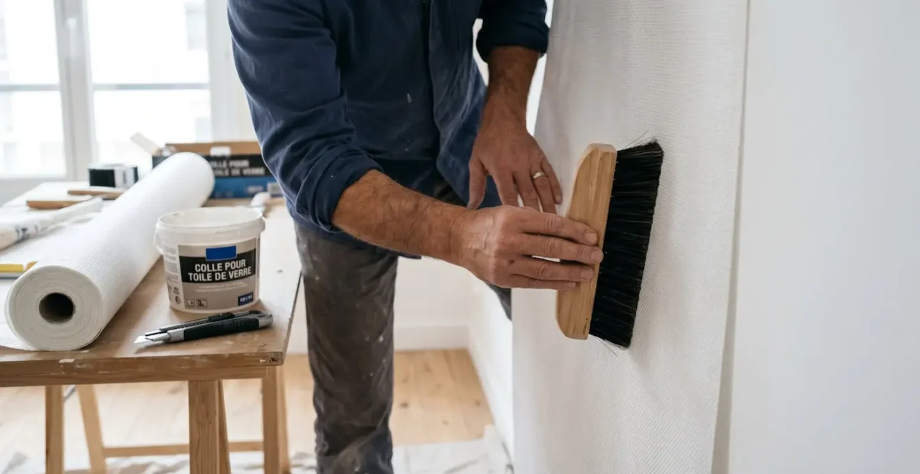 Gros plan sur les mains d'un artisan appliquant avec précision un revêtement mural en toile de verre à l'aide d'une brosse à maroufler professionnelle