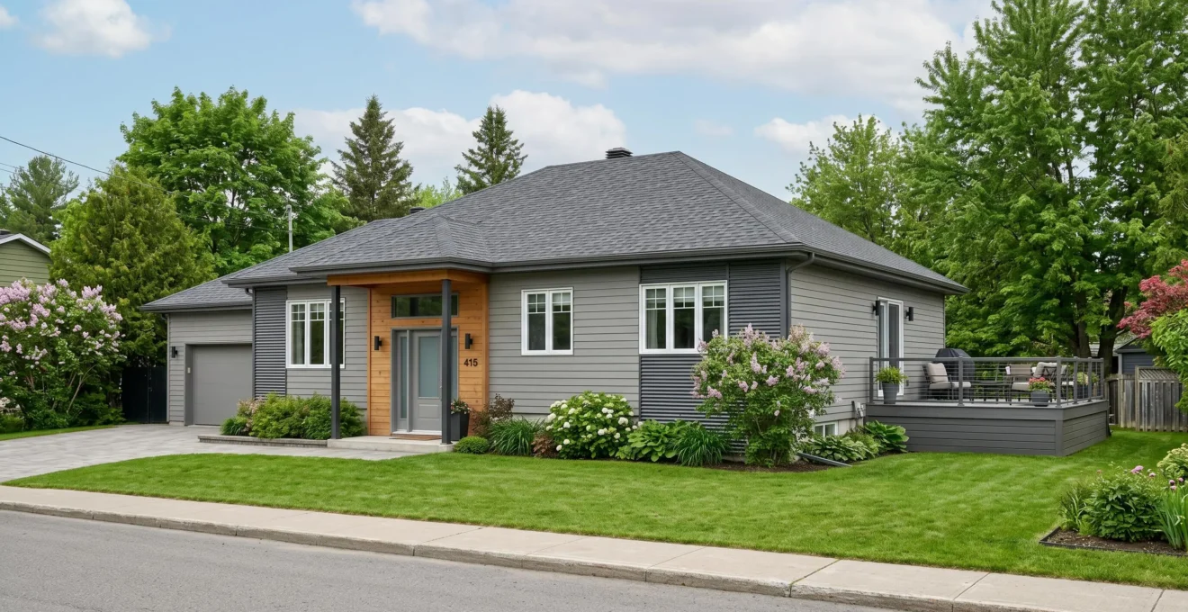 Maison unifamiliale bungalow typique de Trois-Rivières avec patio composite arrière, revêtement extérieur contemporain et toiture en bardeaux architecturaux, entourée de végétation verdoyante de la Mauricie sous lumière naturelle estivale