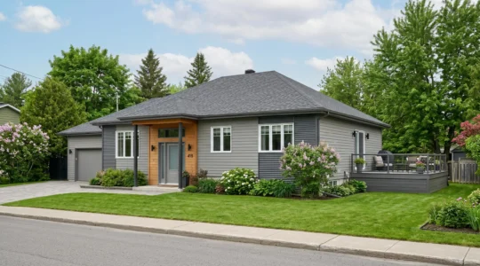 Maison unifamiliale bungalow typique de Trois-Rivières avec patio composite arrière, revêtement extérieur contemporain et toiture en bardeaux architecturaux, entourée de végétation verdoyante de la Mauricie sous lumière naturelle estivale
