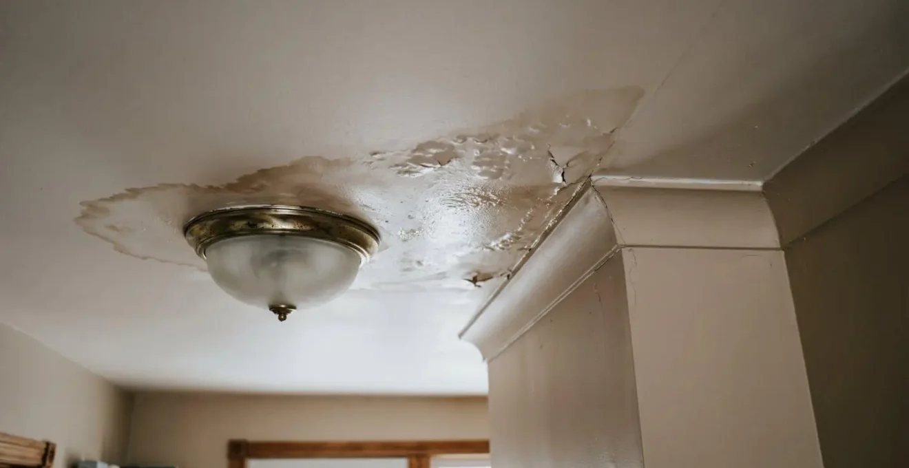 Plafond résidentiel présentant tache d'humidité brune et gonflement dus à infiltration d'eau par la toiture