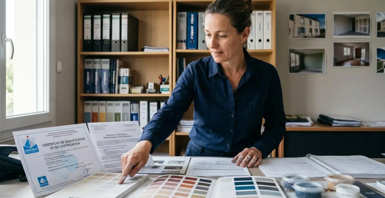 Responsable d'entreprise de peinture présentant un certificat Qualibat sur un bureau avec échantillons de peinture et nuancier professionnels