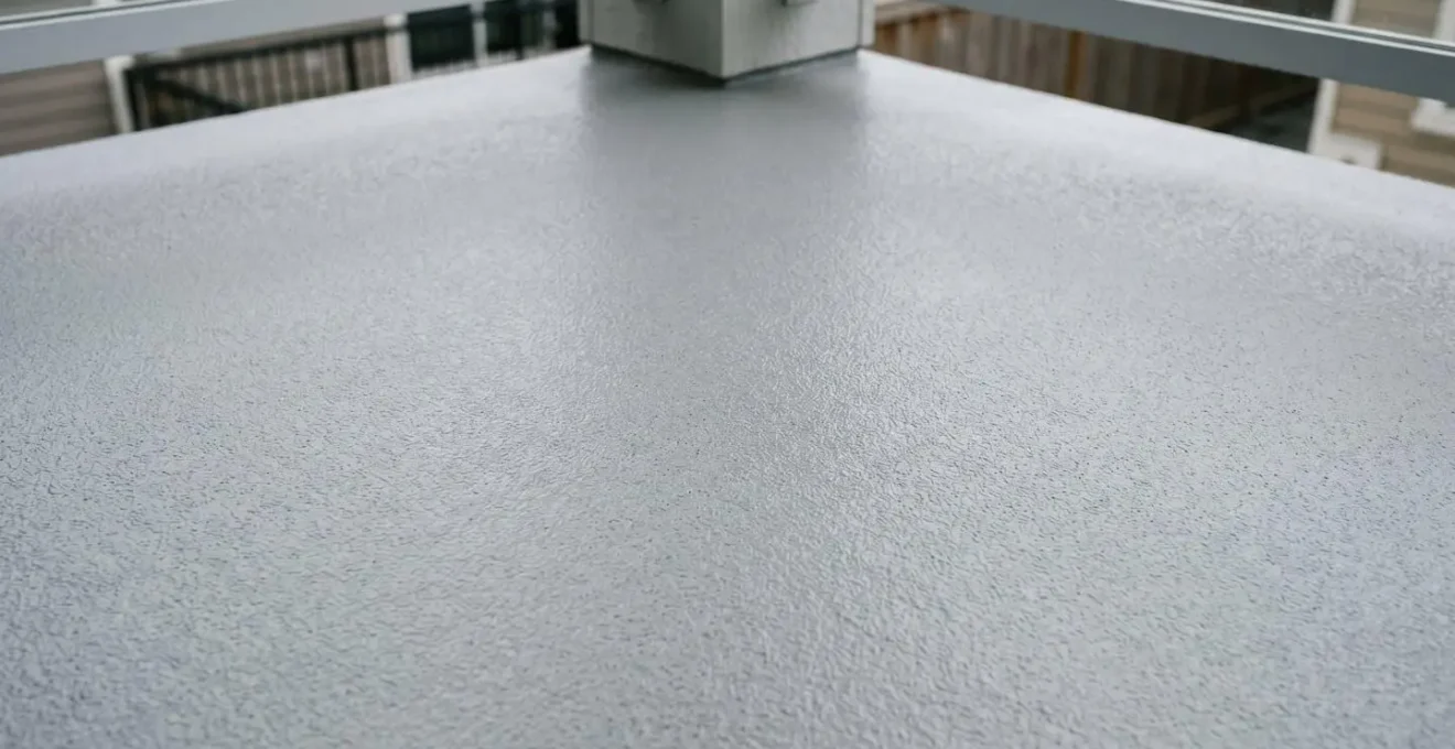 Surface de balcon en fibre de verre grise en parfait état, uniforme et sans trace d'usure après plusieurs années d'utilisation
