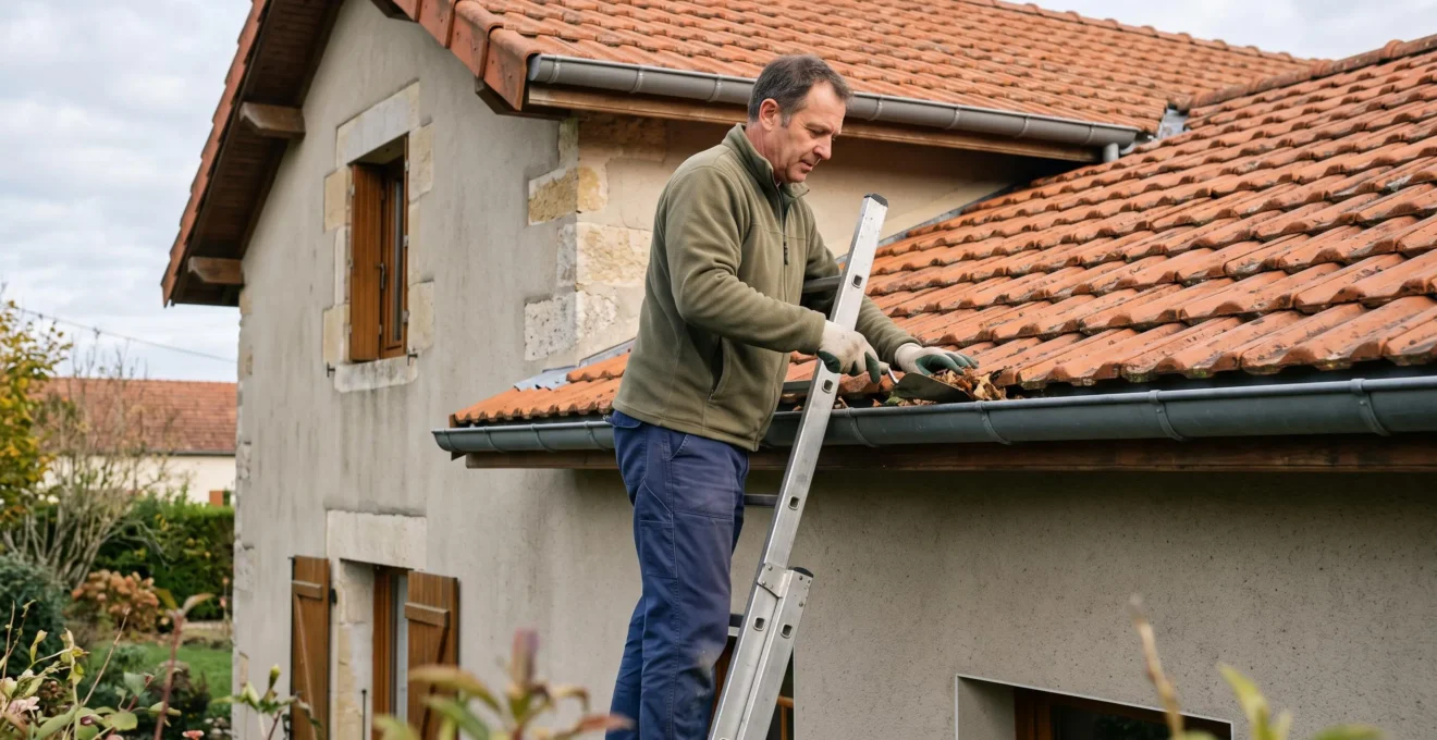 Personne nettoyant une gouttière sur le toit d'une maison française