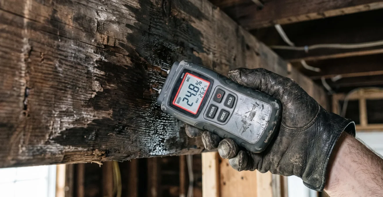 Gros plan d'un humidimètre mesurant le taux d'humidité d'une poutre en bois